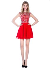 Red Tulle Zipper High-neck Sleeveless Mini Length Juniors Party Dress Beading