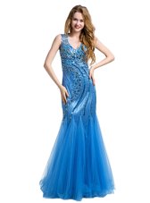 Stunning Mermaid Sleeveless Tulle Floor Length Zipper Prom Evening Gown in Baby Blue for with Beading and Appliques