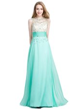 New Arrival Scoop Floor Length Turquoise Chiffon Sleeveless Beading