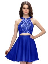 Admirable Scoop Sleeveless Womens Party Dresses Mini Length Beading Royal Blue Taffeta