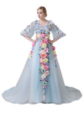 Fashionable With Train Zipper Pageant Dress for Teens Light Blue and In for Prom and Party with Hand Made Flower Court Train