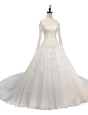 With Train White Wedding Dress Lace Chapel Train Long Sleeves Lace
