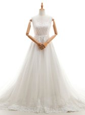 Sexy Sleeveless With Train Appliques Clasp Handle Wedding Dress with White Court Train