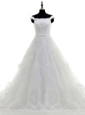 White Sleeveless With Train Beading and Lace and Hand Made Flower Zipper Wedding Dresses