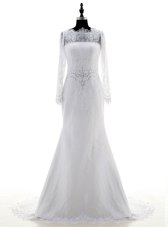 Admirable White Lace Zipper High-neck Long Sleeves With Train Wedding Gowns Brush Train Appliques