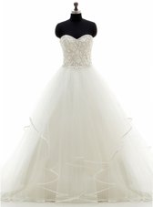 New Arrival White Sleeveless Brush Train Beading and Ruffles With Train Wedding Gown