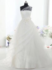 Nice One Shoulder White Lace Up Bridal Gown Lace and Hand Made Flower Sleeveless With Brush Train