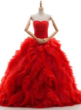 Flare Red Sleeveless Ruffles and Ruching Lace Up Wedding Gown