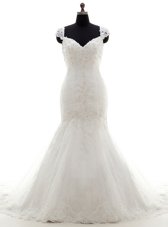 Dazzling Mermaid Sweetheart Cap Sleeves Tulle Wedding Gown Beading and Appliques Brush Train Lace Up