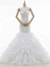 Mermaid Sweetheart Sleeveless Wedding Gown With Brush Train Beading and Ruffles White Organza