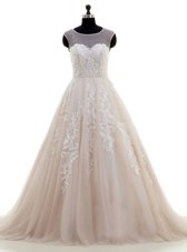 Luxurious Scoop Cap Sleeves Tulle Bridal Gown Lace and Appliques Brush Train Zipper
