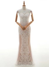 Charming Cap Sleeves Floor Length Lace Zipper Wedding Gown with Champagne