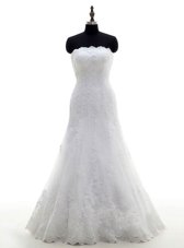 White Strapless Neckline Lace Wedding Gown Sleeveless Clasp Handle