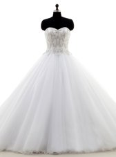 Stylish White Clasp Handle Sweetheart Beading Wedding Gowns Organza Sleeveless Brush Train