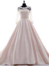 Spectacular Scalloped 3|4 Length Sleeve Satin Wedding Gowns Beading and Lace Brush Train Clasp Handle