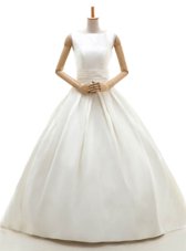 White Satin Clasp Handle Bateau Sleeveless Floor Length Wedding Dress Ruching