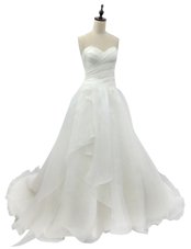 Organza Sleeveless With Train Wedding Gowns Brush Train and Ruching