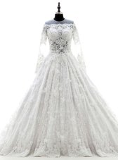 White Lace Zipper Scoop Long Sleeves Wedding Dress Court Train Appliques