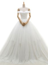 Affordable Chapel Train A-line Wedding Gown White Off The Shoulder Tulle Sleeveless With Train Lace Up
