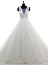 Exquisite Scoop Sleeveless Tulle With Brush Train Clasp Handle Bridal Gown in White for with Lace