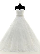 Spectacular V-neck Sleeveless Court Train Zipper Wedding Gowns White Organza and Tulle