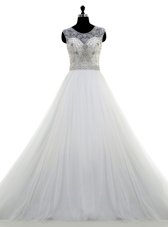 Custom Made Tulle Scoop Sleeveless Brush Train Clasp Handle Beading Wedding Dress in White
