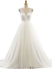 Chic Scoop Sleeveless Tulle Bridal Gown Beading Brush Train Clasp Handle