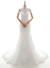Popular V-neck Sleeveless Wedding Dress With Brush Train Beading and Lace and Appliques White Lace