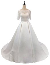 Wonderful White Wedding Gown Wedding Party and For with Lace Scalloped Half Sleeves Chapel Train Zipper