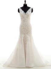 Noble White Zipper Wedding Dress Lace and Belt Sleeveless Brush Train