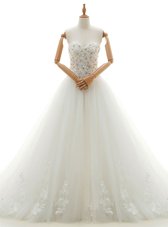 With Train White Wedding Dresses Sweetheart Sleeveless Chapel Train Lace Up