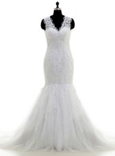 Mermaid Beading and Lace and Appliques Wedding Gowns White Clasp Handle Sleeveless With Brush Train