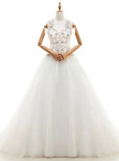 White Tulle Lace Up V-neck Sleeveless With Train Wedding Gowns Brush Train Beading and Lace