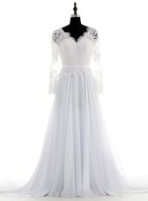 With Train White Bridal Gown Chiffon Brush Train Long Sleeves Lace