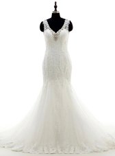 White Mermaid V-neck Sleeveless Tulle and Lace Brush Train Backless Beading Wedding Gown