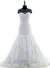 Scoop Short Sleeves Wedding Dress With Brush Train Beading and Lace White Chiffon and Lace