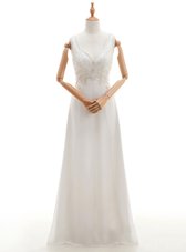 Fantastic White Empire V-neck Sleeveless Silk Like Satin Floor Length Backless Beading Wedding Gowns