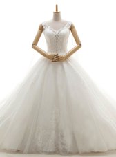 White Lace Up Wedding Gowns Lace Sleeveless With Train Chapel Train