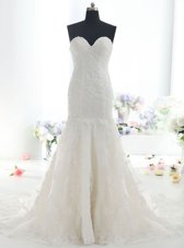Sweet Mermaid With Train Backless Wedding Dress White and In for Wedding Party with Lace Brush Train
