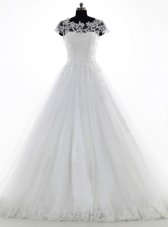 Graceful Lace Sweetheart Sleeveless Brush Train Lace Up Lace and Appliques Wedding Dresses in White