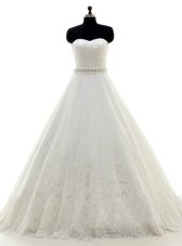 Excellent White Wedding Dresses Wedding Party and For with Beading and Lace Sweetheart Sleeveless Brush Train Lace Up