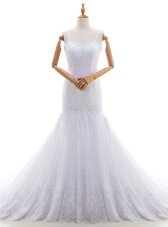 White Mermaid Spaghetti Straps Sleeveless Lace With Brush Train Backless Lace Wedding Dress