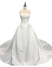 High End Sleeveless Chiffon With Brush Train Zipper Wedding Gowns in White for with Beading and Pleated
