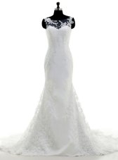 Top Selling Mermaid Scoop With Train White Wedding Gowns Lace Brush Train Sleeveless Lace and Appliques