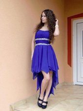 Blue A-line Tulle Scoop Sleeveless Beading and Bowknot Floor Length Backless Homecoming Dress