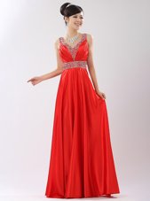 Coral Red A-line V-neck Sleeveless Satin Floor Length Zipper Beading Dress for Prom