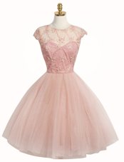 Scoop Cap Sleeves Knee Length Zipper Party Dresses Pink and In for Prom and Party with Appliques