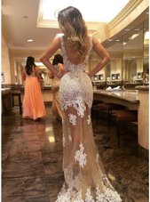 Mermaid Scoop Sleeveless Court Train Backless Appliques Prom Evening Gown