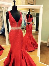 Superior Mermaid Zipper Dress for Prom Red and In for Prom and Party with Beading Sweep Train