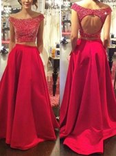 Luxurious Off the Shoulder Backless Red Sleeveless Sweep Train Beading With Train Evening Dress